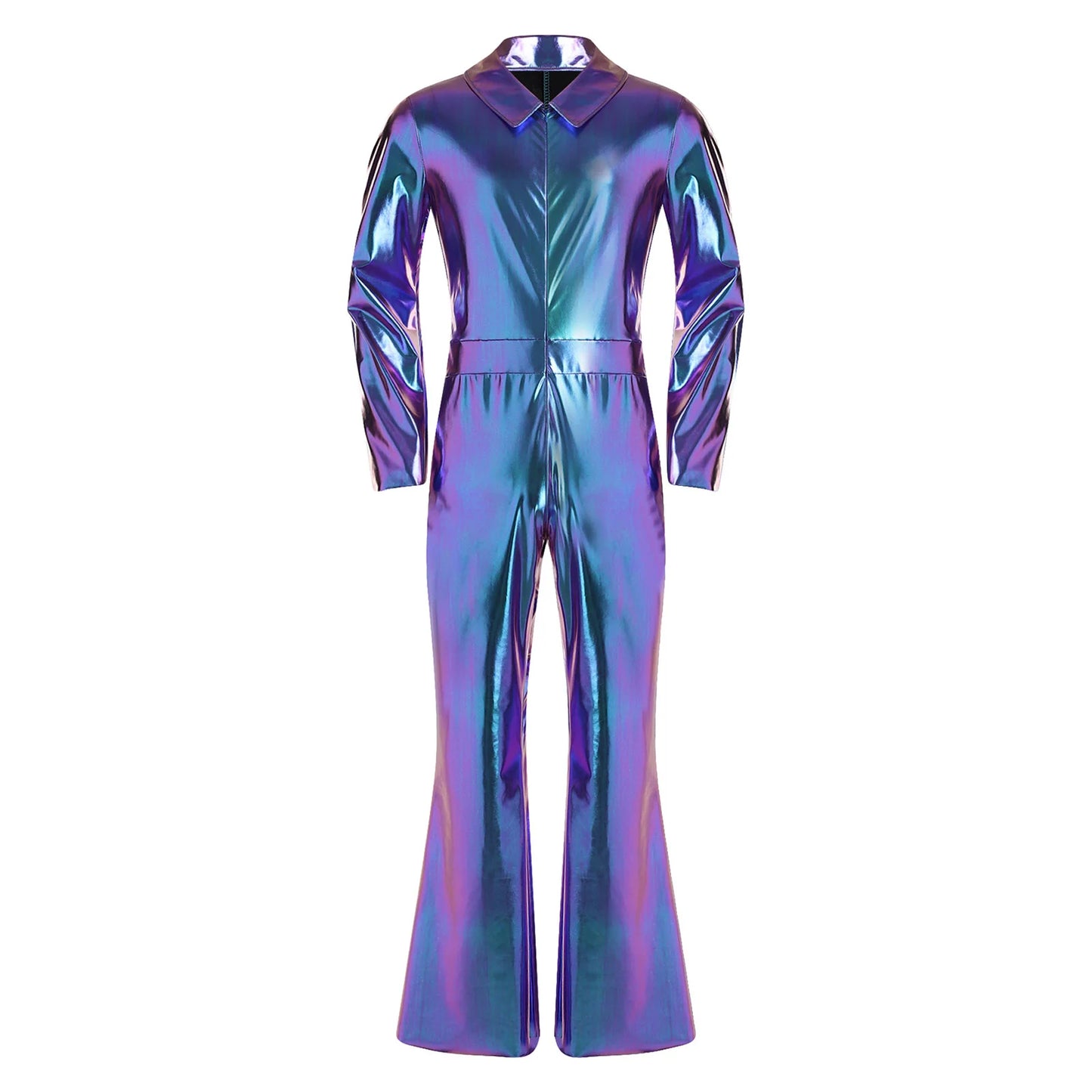 Mens 70s Disco Hippies Jazz Dance Performance Costume Metallic Shiny Unitards Jumpsuit Wide Leg Pants Rompers Vintage Clubwear