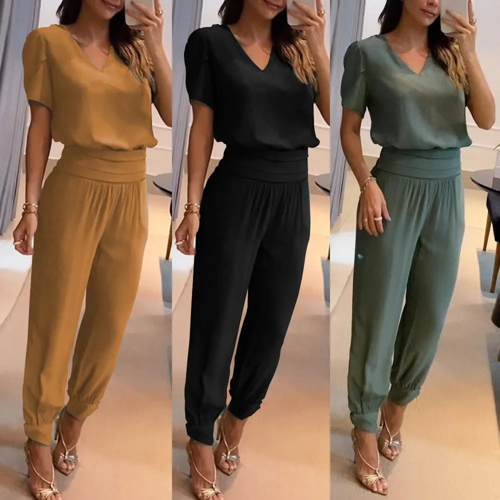 New Women's Summer Tracksuits Pant Sets Fashion Casual V-neck Print Short Sleeve T-shirts and Trousers 2 Piece Sets Women Outfit