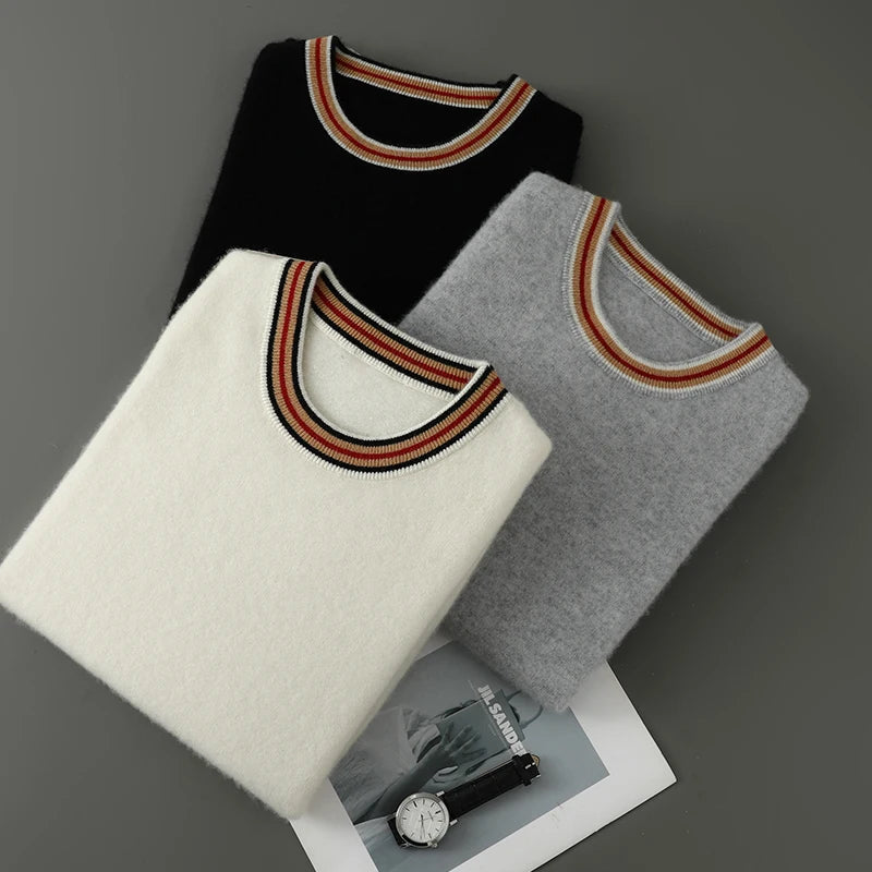2026 Summer New Fashion O-Neck 100% Wool Knit Short Sleeve Spliced Business Casual T-Shirts Men's Clothing Loose England Tees