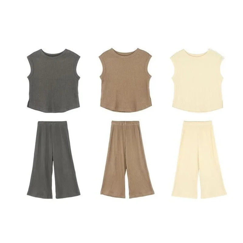 1pcs Summer Children's Clothing Sets Girls Kids Toddler Clothes Solid Color T-shirt Tank Top +Length Pants  Baby Girl Clothes