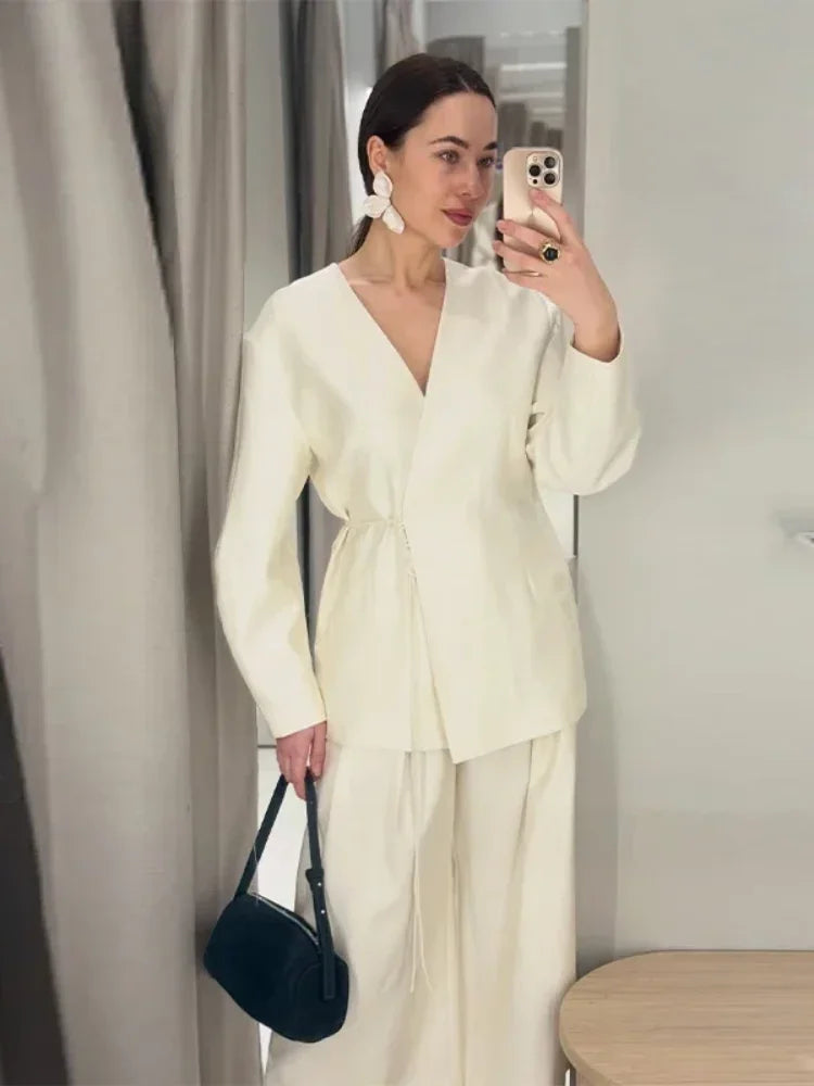 Women Elegant Solid Lace-up Blazer Set Lady Chic V-neck Full Sleeve Loose Coat Wide-leg Pants Suit 2026 Casual Commute Outfit