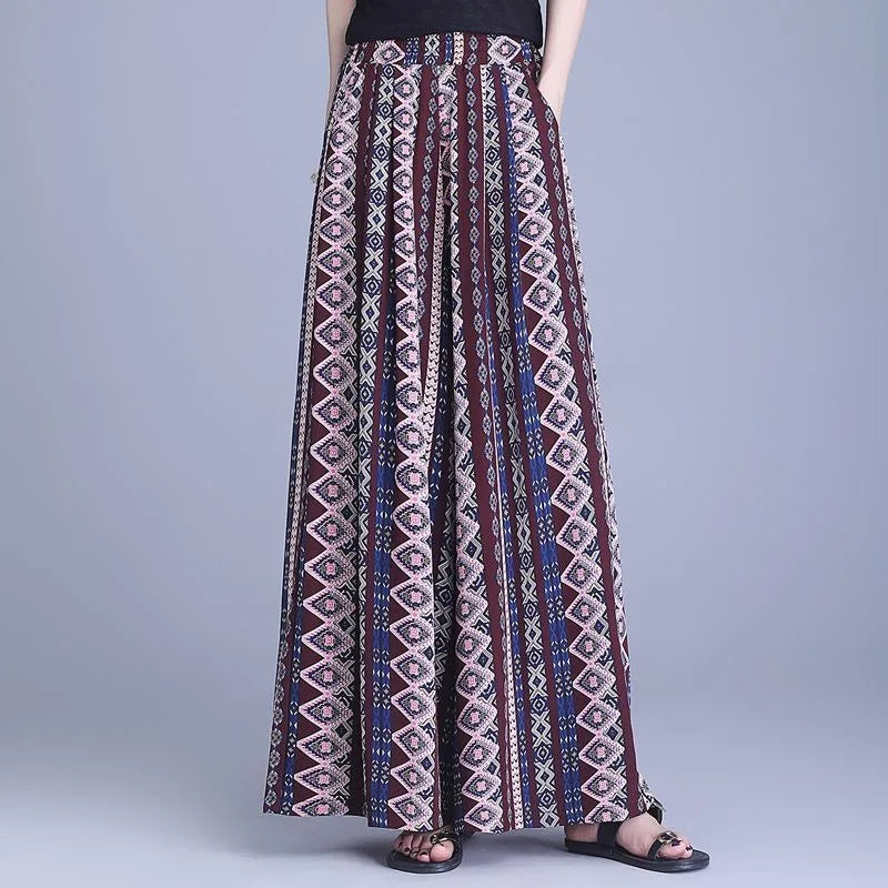 Trousers Chiffon Floral Skirts and Pants for Women in Summer New Thin High-waisted Ethnic Style Casual Wide-leg Pants