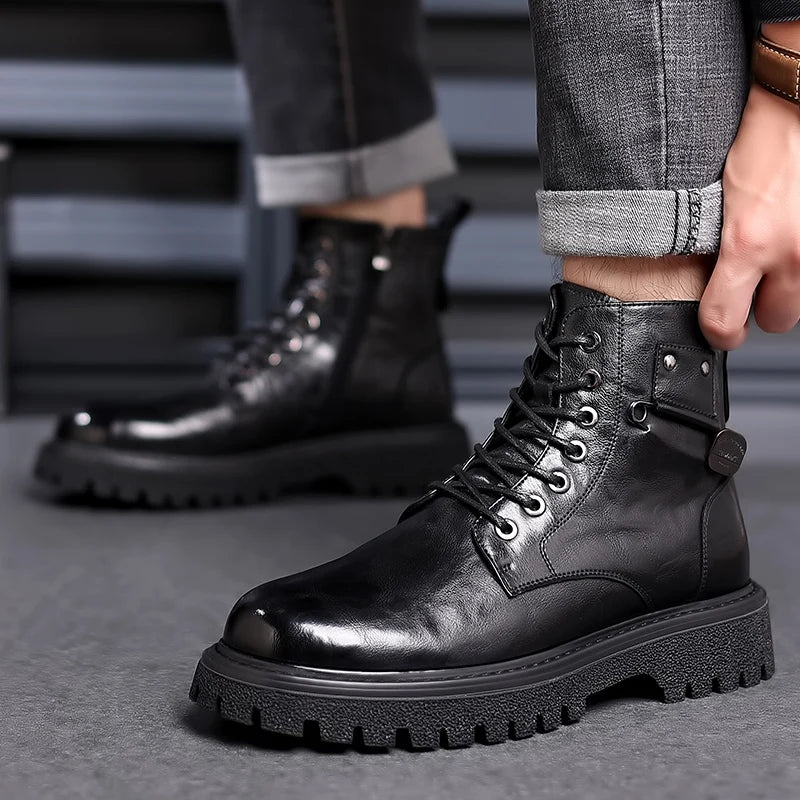 Luxury Brand Men Genuine Leather Stylish Ankle Boots Winter Classic Lace-up Antiskid Thick Bottom Boots Men Casual Leather Shoes