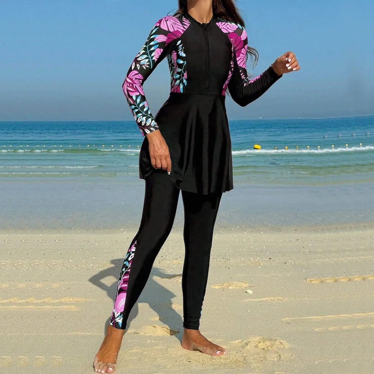 Burkini Femmes Swimwear Long Sleeve Black Tunic Swimsuit Full Leggings Front Zipper Swimming Suit Sun Protection Two Piece