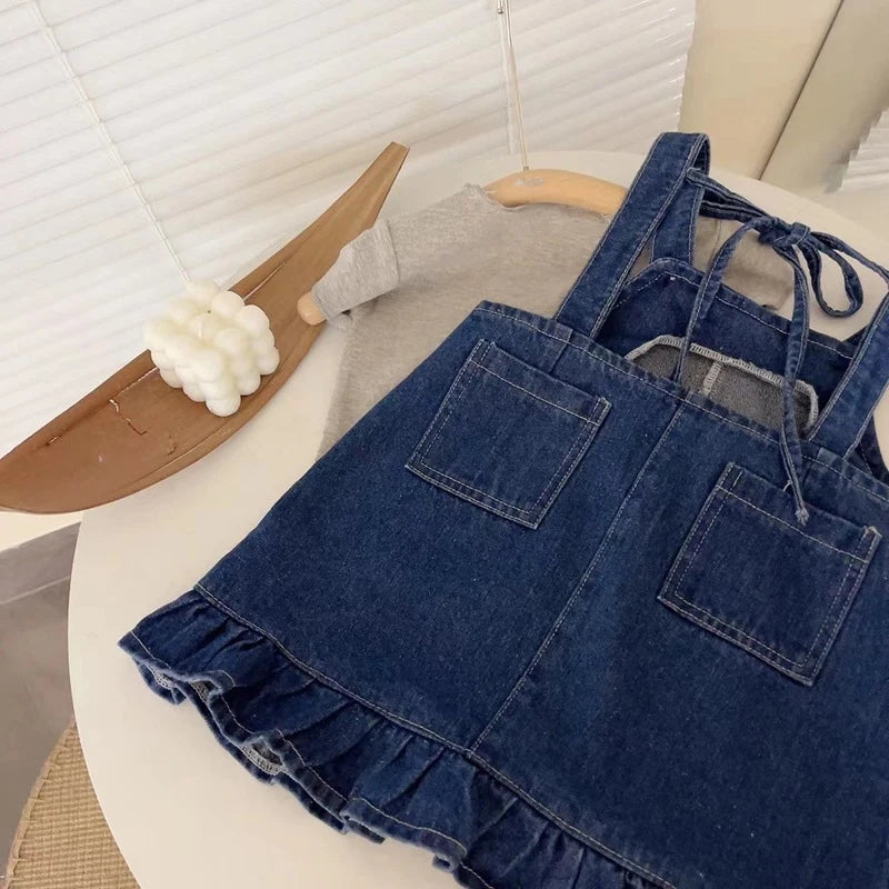 Summer Girls' Clothing Sets Casual Style Pocket Denim Suspender Dress +Short Sleeve 2Pcs Baby Kids Children Clothes Suit