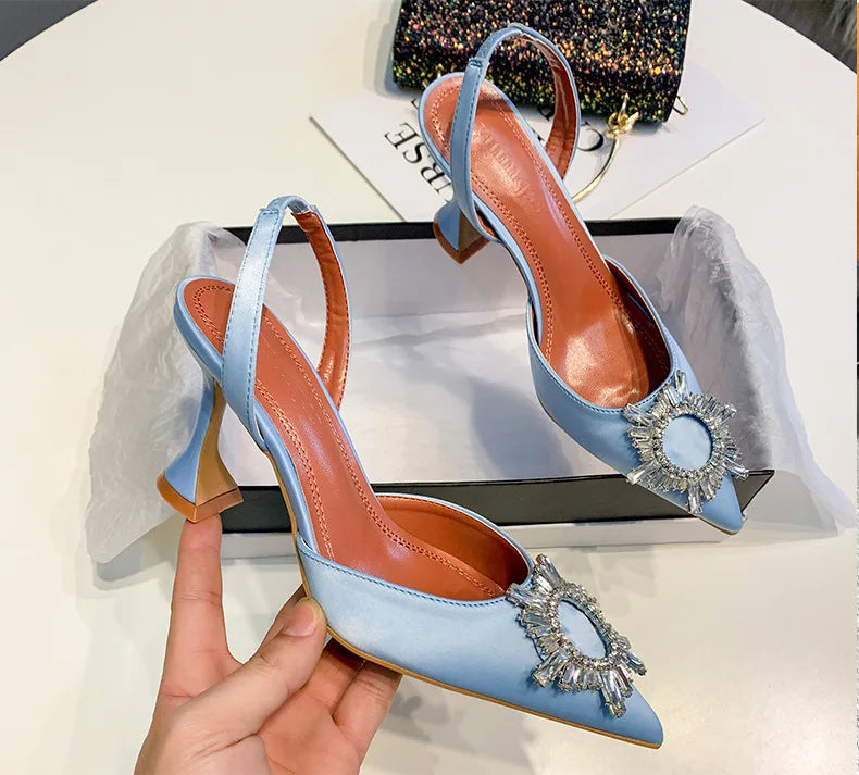 Large 43 Blue Women's High Heels Silk Satin Pointed Toe Rhinestone Crystal Heels Slip on Women's Wedding High Heels Sandals 2026