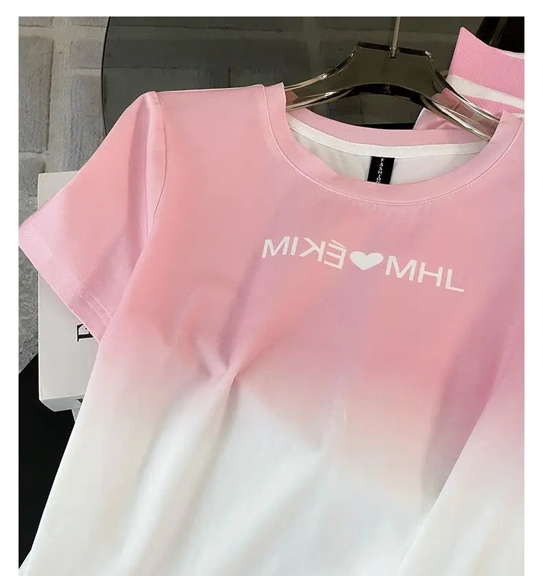 2024 Spring/Summer New Fashionable Gradient Short Sleeve+High Waist Wide Leg Pants Casual Two Piece Set