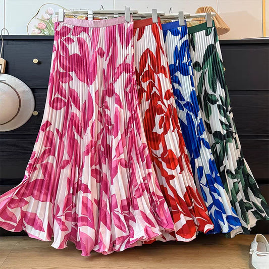 Vintage Floral Print Pleated High Waist A-Line Skirt for Tall Women - Elastic Waist Flowy Drapey Long Skirt Summer Commute