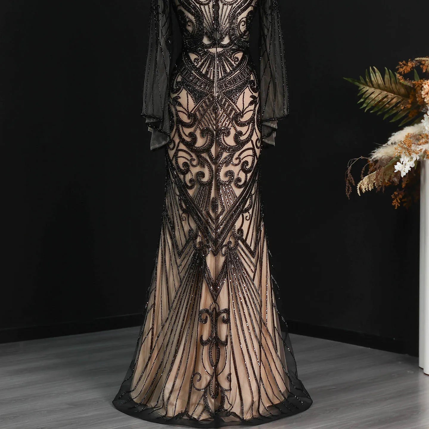 Sharon Said Dubai Black Evening Dress Geometric Beaded Pattern Long Flare Sleeve شارون سعيد Women Formal Prom Gown SS055 Custom