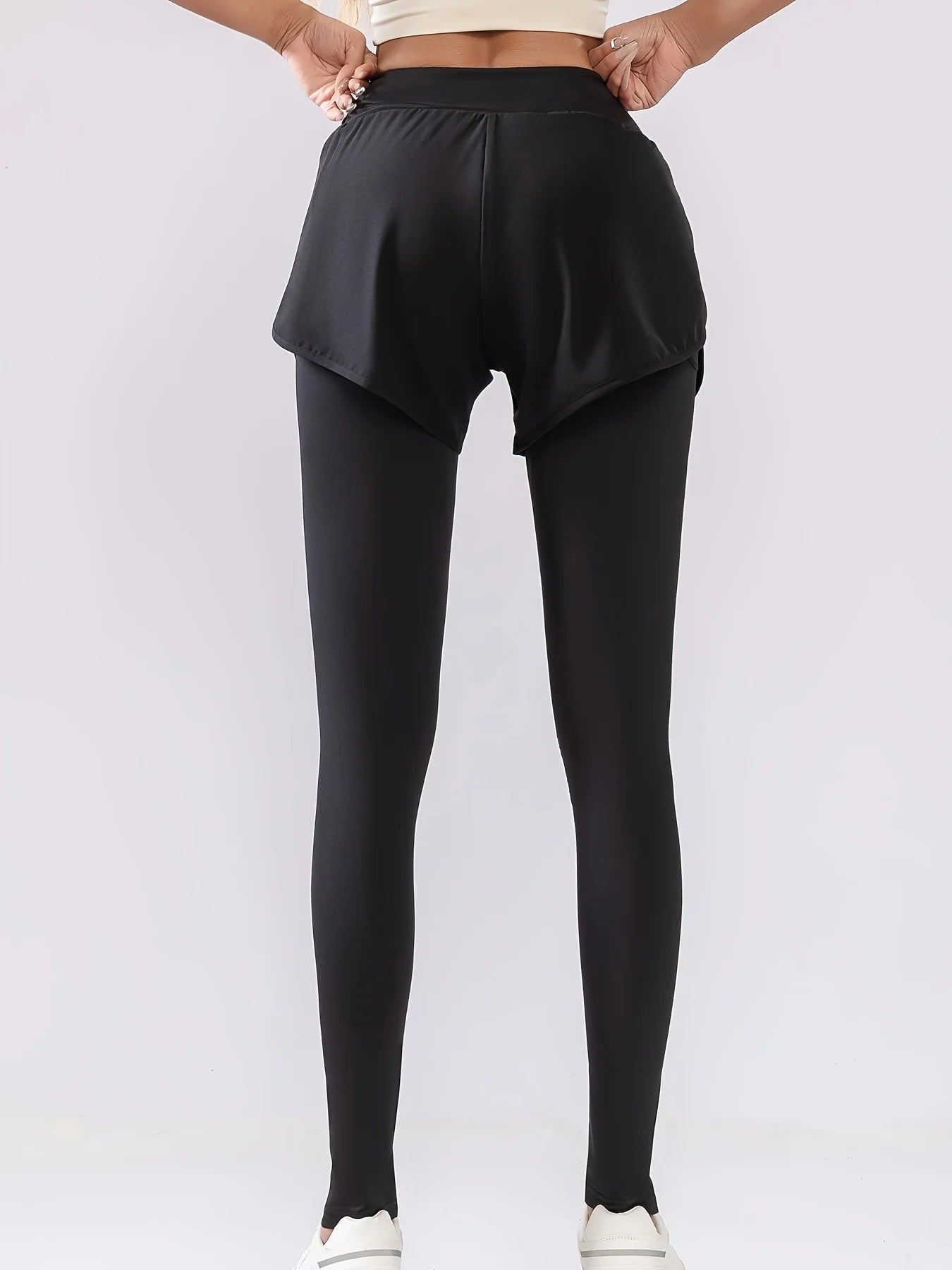 Women's High Stretch Sports Leggings, Fake Two Piece Yoga Pants, Butt Lifting Quick Dry Slim Running Trousers for Tennis Workout