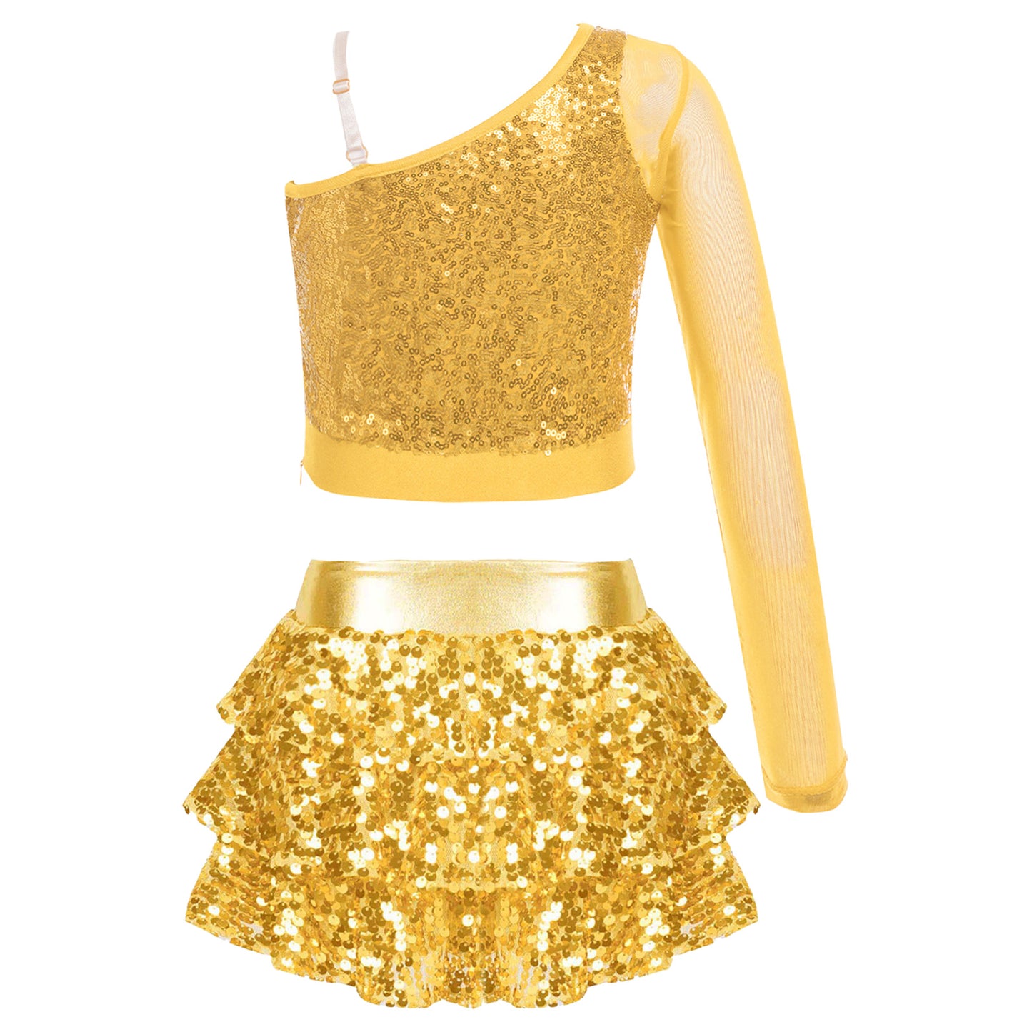 Kids Girls Dance Dresses Latin Jazz Modern Dance Show Costume Sequin Long Sleeve Crop Tops and Skirted Culottes Cheer Dancewear