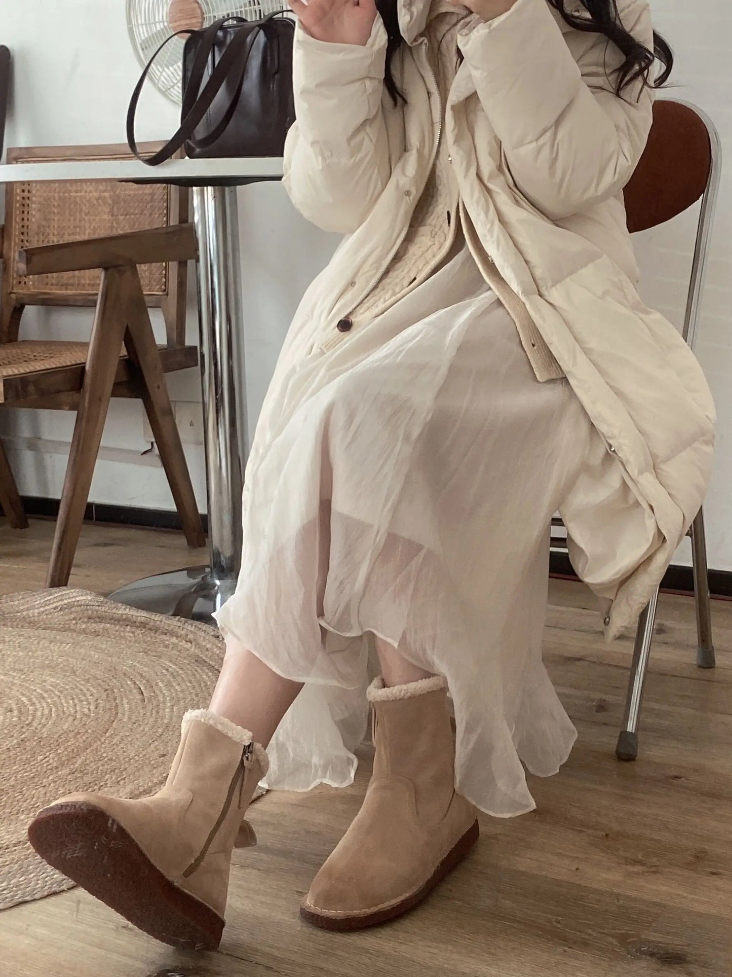 Careaymade-Genuine cow leather Snow cotton round head flats woolen short boots plush warm snow boots Oversized shoes size 35-43