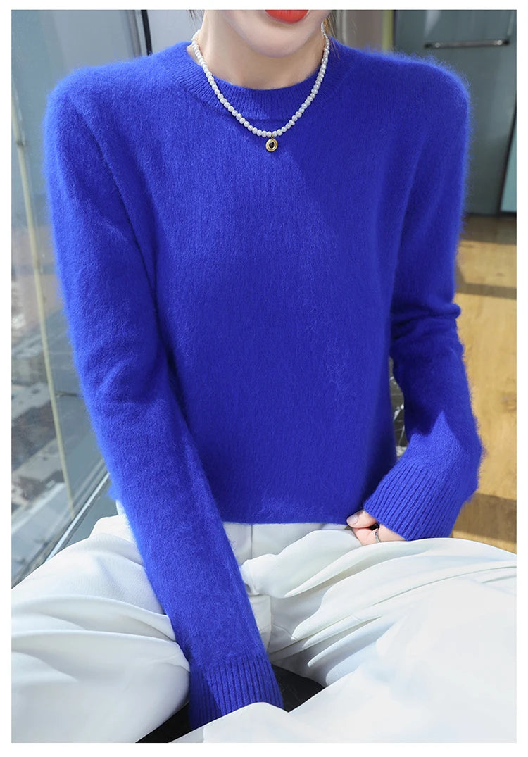 Autumn and winter women's semi high neck pullover sweater solid color knitted slim fit women's 100 mink cashmere sweater new sty