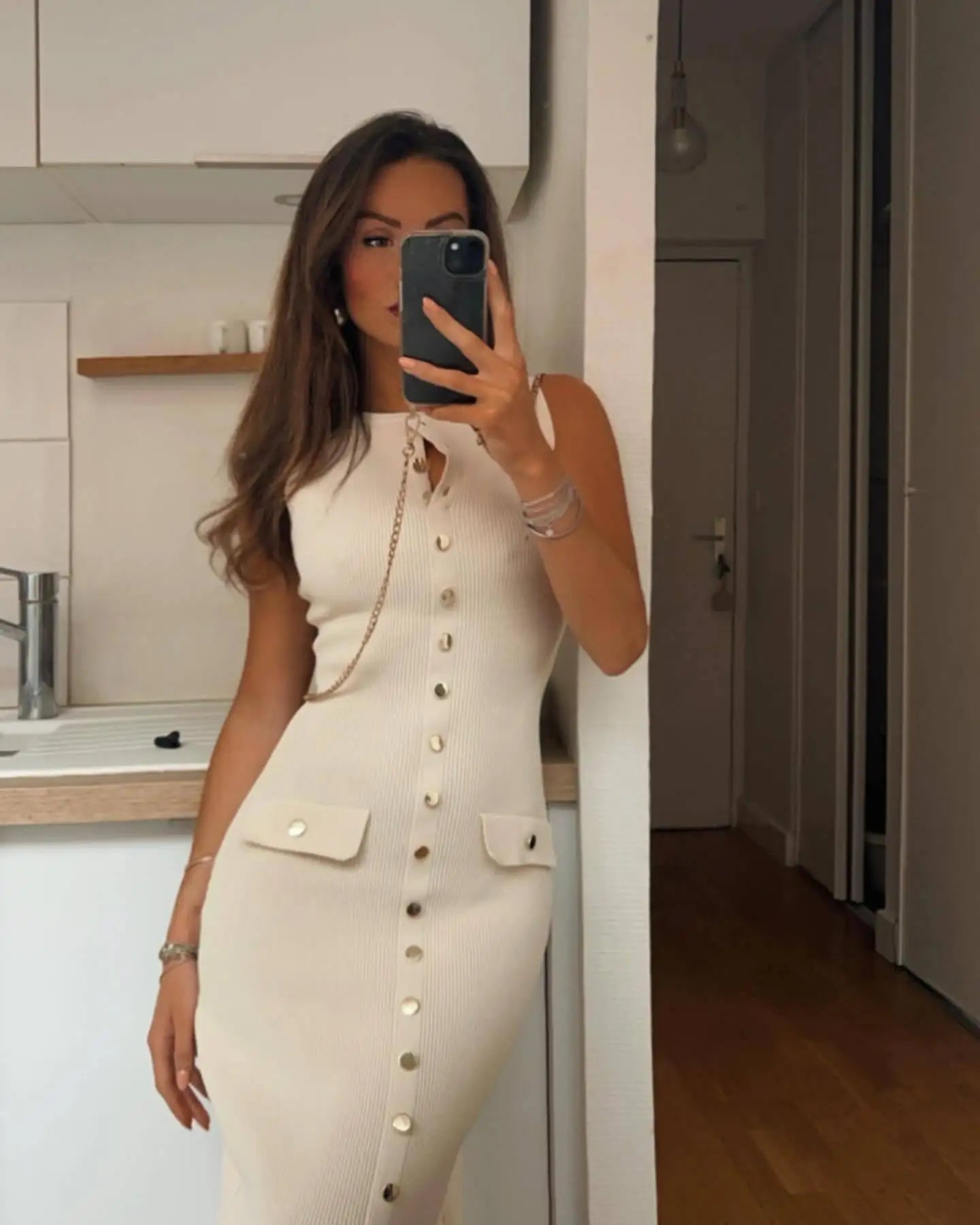 Knit Ribbed Cardigan Maxi Dress Female High Waist Slim Pocket Sleeveless Elegant Party Dress Women's Knitwear Long Dress