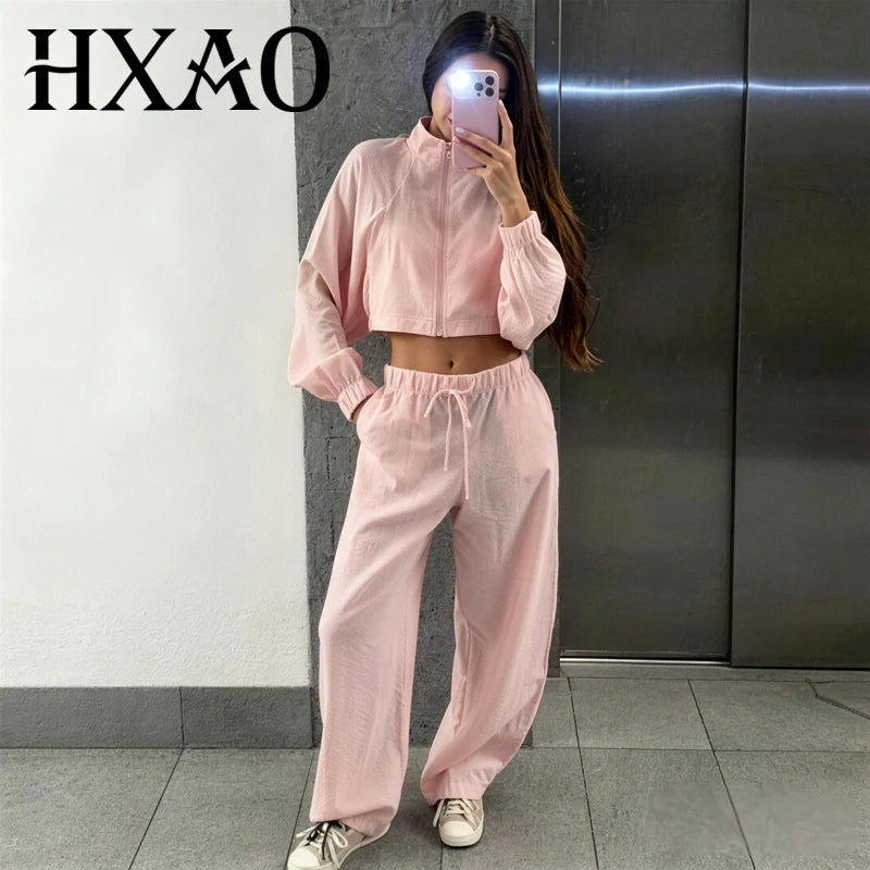 HXAO Women's 2 Piece Tracksuit Set Cropped Jacket Pants Sets Summer Long Sleeve Zip Up Top Wide Leg Trouser Suit Pink Sportswear