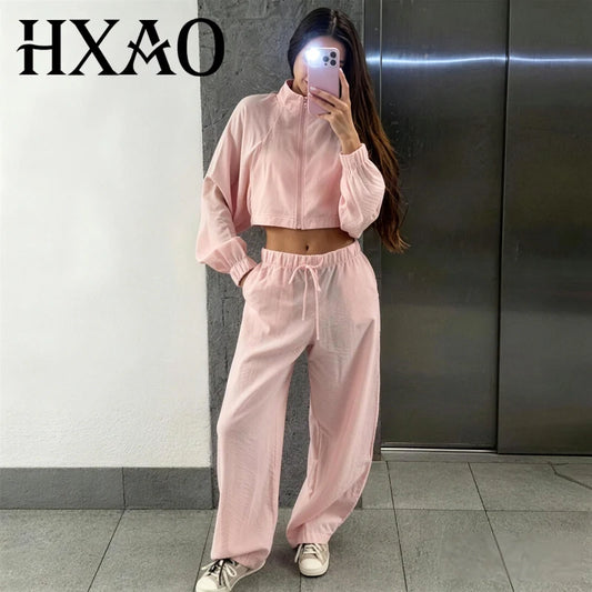 HXAO Women's 2 Piece Tracksuit Set Cropped Jacket Pants Sets Summer Long Sleeve Zip Up Top Wide Leg Trouser Suit Pink Sportswear