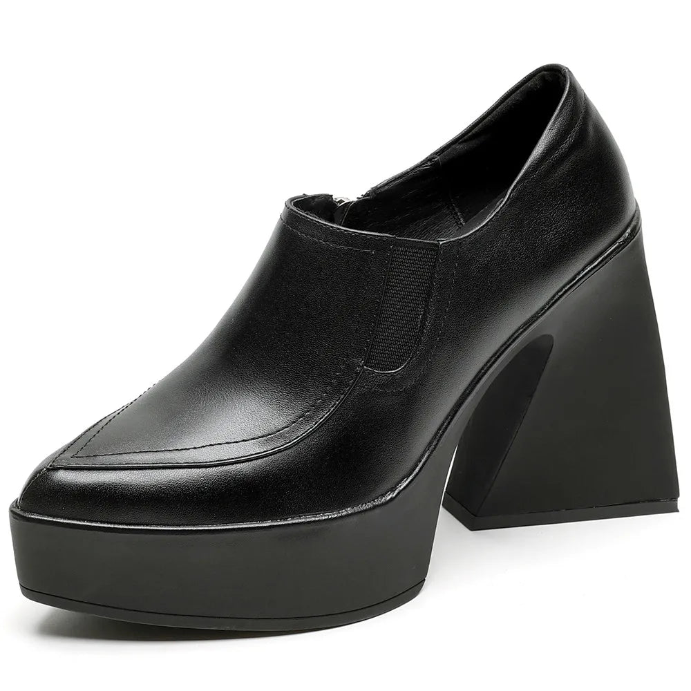 Aucegi New Spring Autumn Women Genuine Leather Pumps Classic Style Pointed Toe Platform Chunky Heel Retro Zipper Handmade Shoes