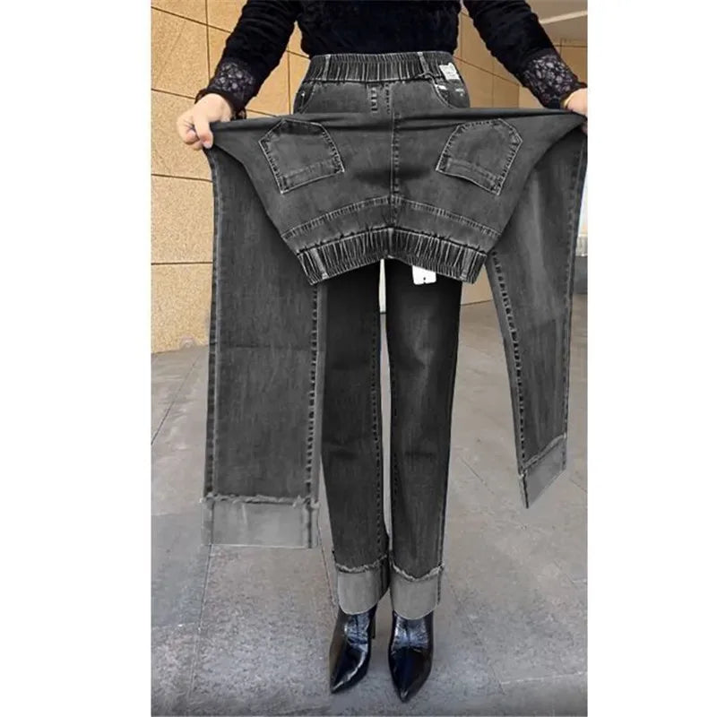 Plus Size Middle Aged Womens Jeans Elastic Waist High Waist Loose Denim Pants