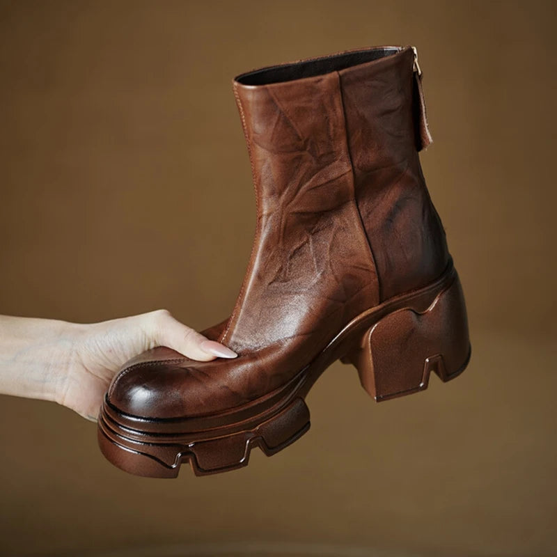 NEW Autumn Women Boots Genuine Leather Shoes for Women Round Toe Chunky Heel Shoes Concise Zip Platform Boots Soft Daily Shoes