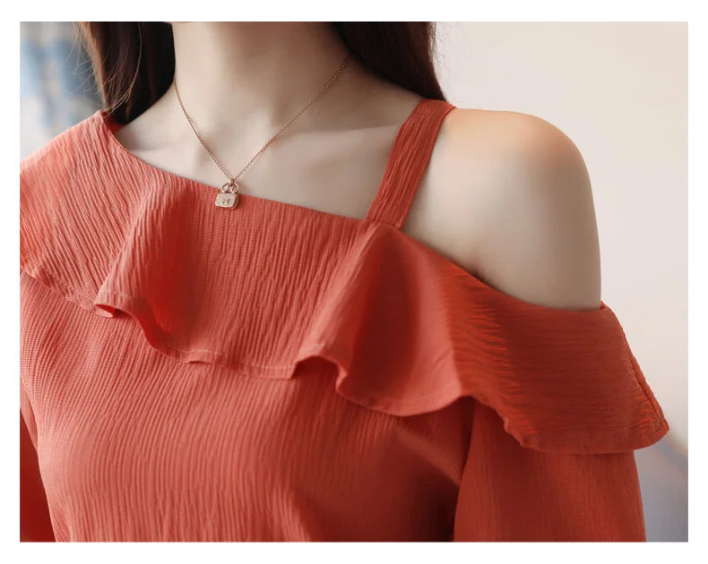 Women's One Shoulder Ruffles Chiffon Blouse Shirt Short Sleeve Pullover Acetate