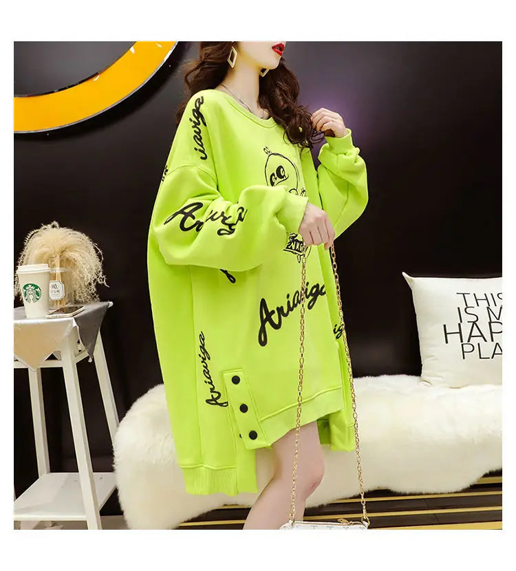 Spring Autumn Y2K Harajuku Printed Sweatshirts Women Round Neck Long Sleeve Mid-length Pullovers Korean Button Asymmetrical Tops