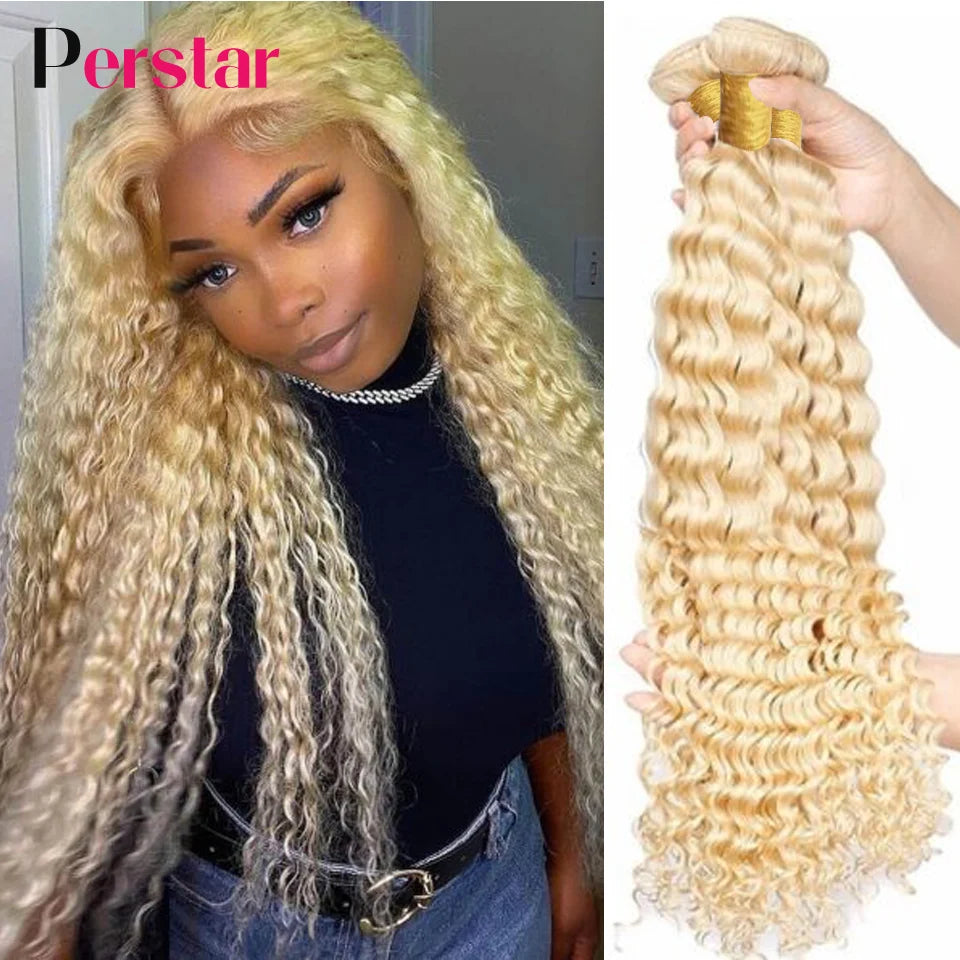 Perstar 613 Blonde Deep Wave Human Hair Bundles Brazilian Hair Extensions 613 Honey Blonde Deep Curly Bundles Human Hair Weave