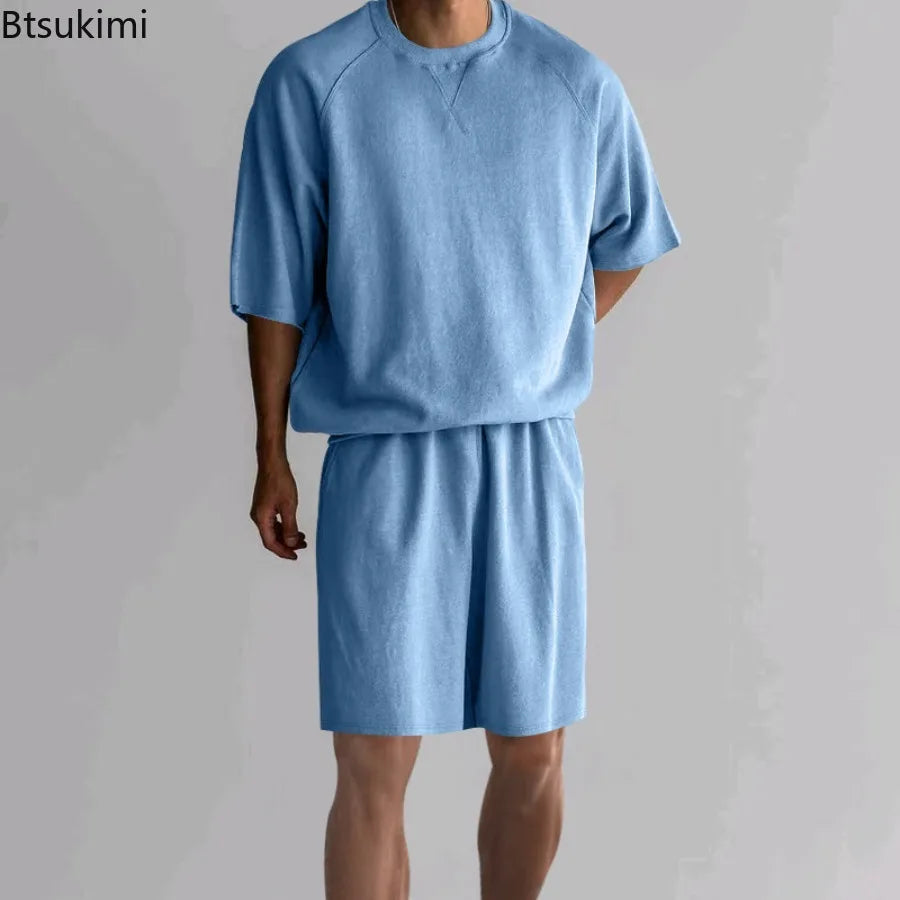 New 2026 Summer Men's Two Piece Sets Casual Loose Short Sleeve O Neck Tees and Shorts Tracksuits Men Stylish Solid Color Suits