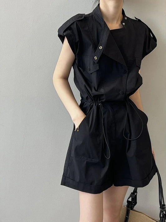 Fashionable Thin Short Pants Jumpsuit Set High Waist Commute Style Tassel Detail Straight Leg Jumpsuit for Summer