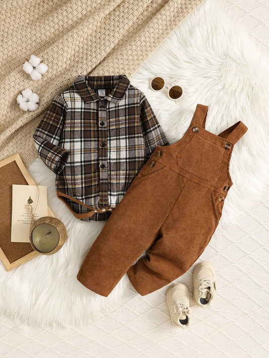 Outdoor Casual Set For Male Infants In Autumn And Winter Featuring Long-Sleeved Plaid Shirts And Long Pants Jumpsuits