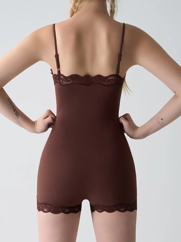 Square Neck Spaghetti Strap Bodysuits Lace Trim Women Sleeveless Slimming Bodycon Jumpsuit Romper