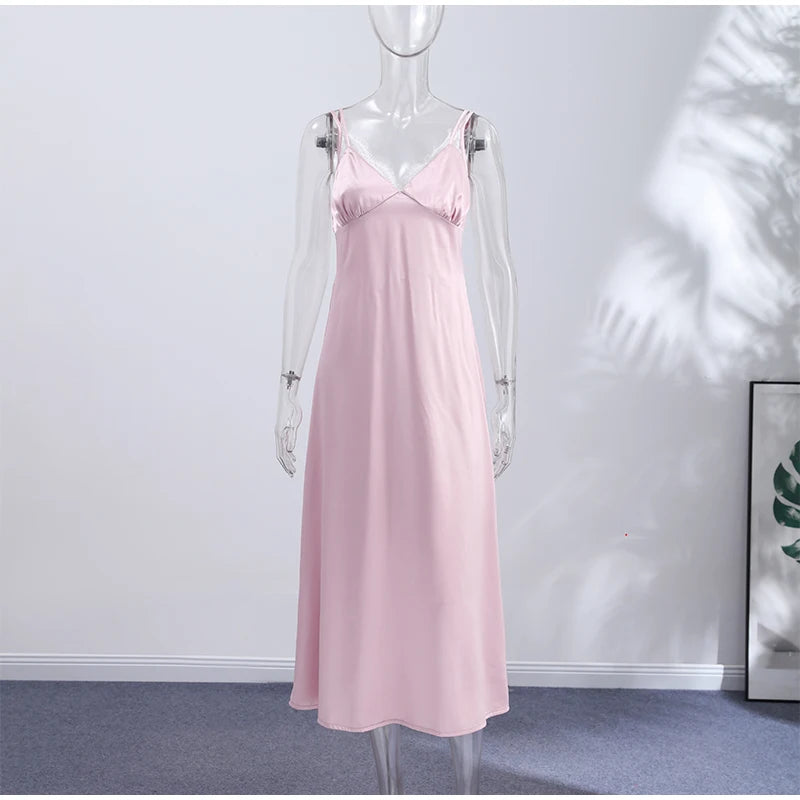 Summer Satin Lace Spliced Long Dress Women V Neck Sleeveless Waist Cinching Strap Dresses 2026 Lady Casual Solid Party Robe