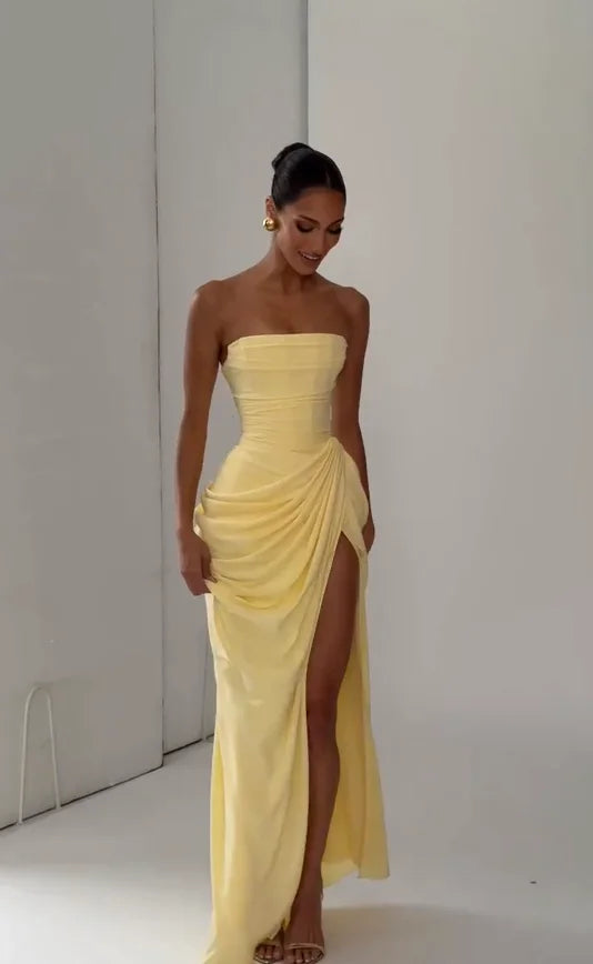 Women Sexy Solid Pleated Strapless Dress Lady Chic Off-shoulder Backless High Waist Split Dresses 2026 New Evening Party Gown