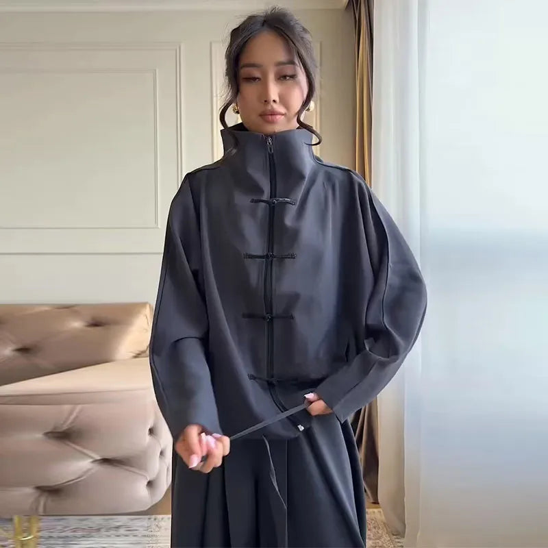Casual Zipper Shirt Pants Suit Women Solid Button Stand Collar Drawstring Shirts Loose High Waist Trousers 2026 Spring Set Lady