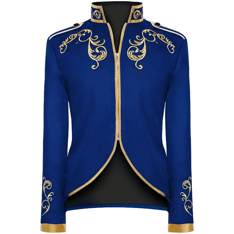 British Style Men Standing Collar Embroidered Suit Jacket Red / Blue Fashion Male Wedding Dance Party Patchwork Dress Coats