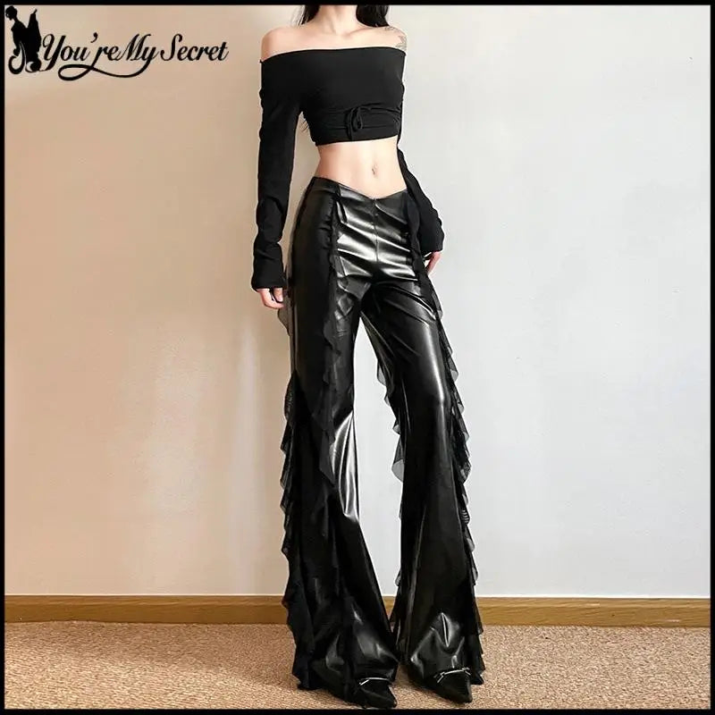 Punk Style PU Leather Pants Gothic Black Lace-paneled Trouser Sexy High-waisted Slim Flared Pants 2026 Summer Women's Clothing