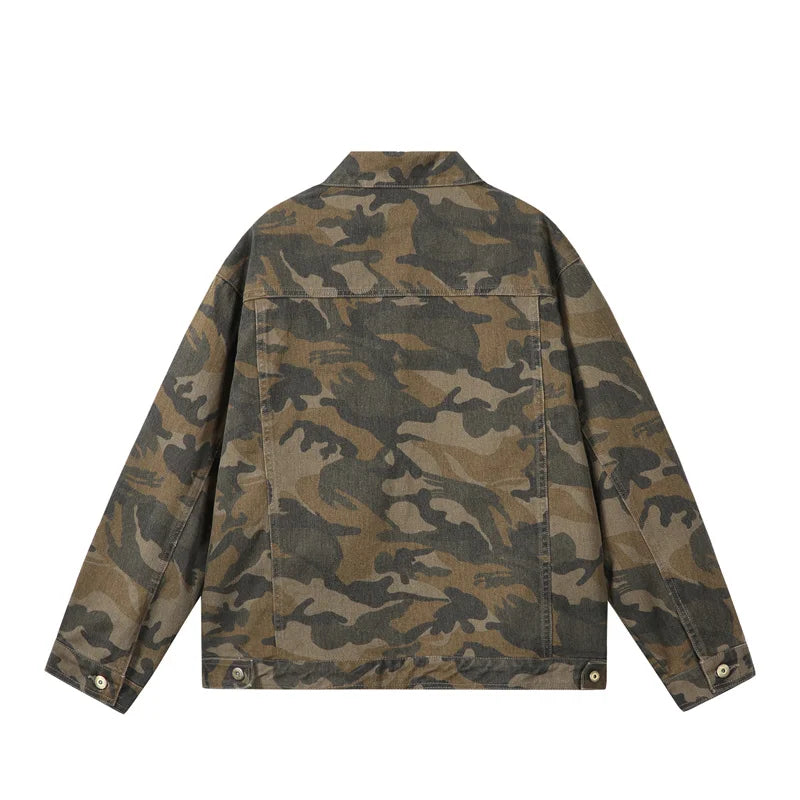 Spring Autumn American Style Denim Jacket Men Fashion Hole Camouflage Turn Down Collar Loose Outerwear Men Casual Denim Jackets