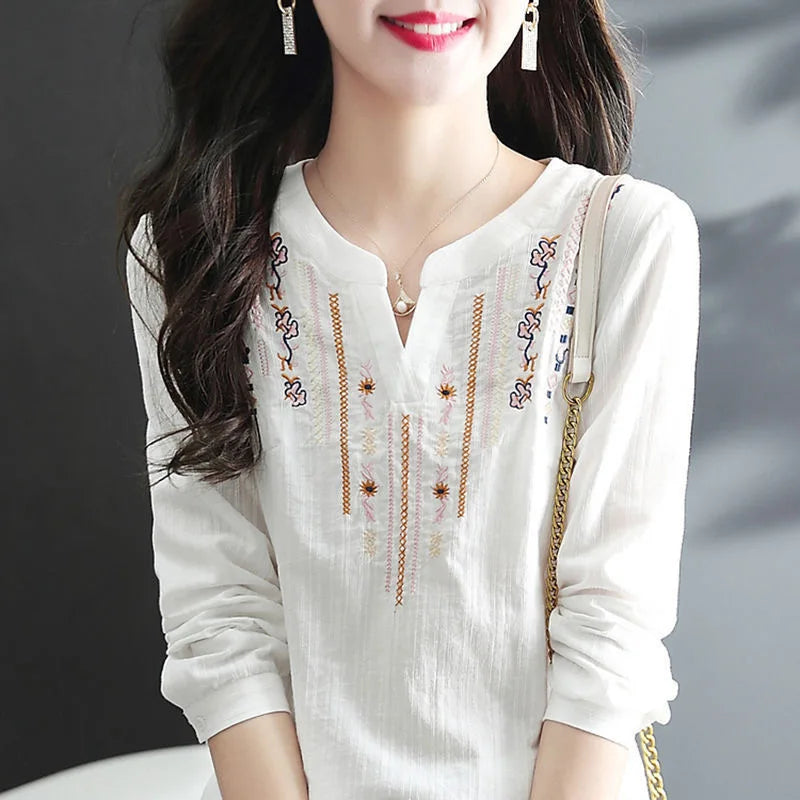 Women Spring Autumn White Blouses Tops Lady Casual Embroidery V-Neck Long Sleeve Vintage Loose Blusas Top DF4272