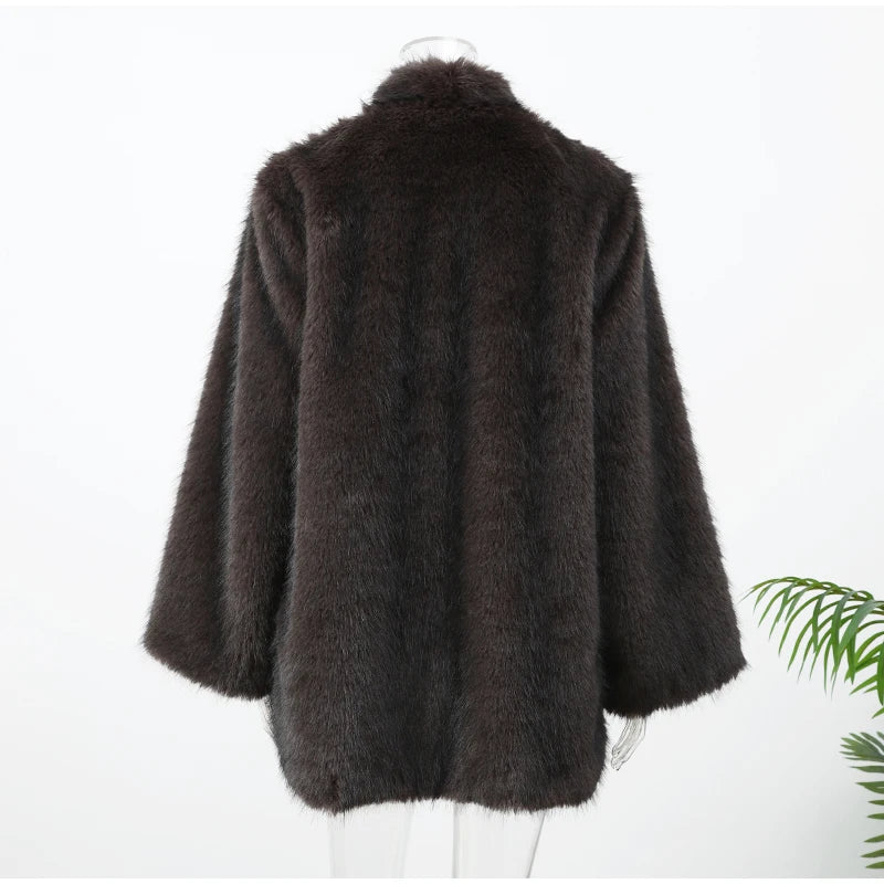 Women Thick Faux Fur Coat Lapel Hidden Button Loose  elegant lady Outerwear 2025 Fashion Female Street Commute Overcoat New