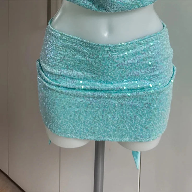 2 Piece Skirt Set Sequin Trim Halter Crop Top Maxi Skirt 2026 Spring Summer Y2K Night Out Clubwear Party Bodycon Co-ord Outfit