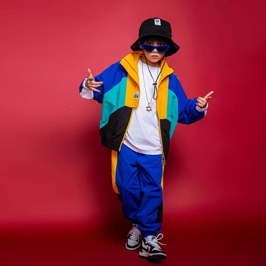 Boys Coat Loose Jogger Pants Jazz Dance Costume Drum Performance Hip Hop Clothes For Children Girls Running Color Zipper Jacket