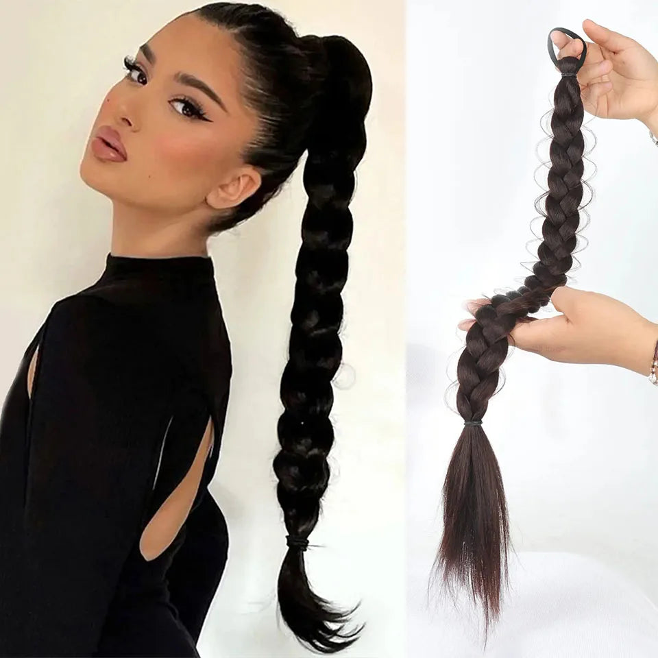 Synthetic Braided Ponytail Hair Extension With Rubber Band Boxing Braids For Women Hair Accessories 24Inch Long Black Braids