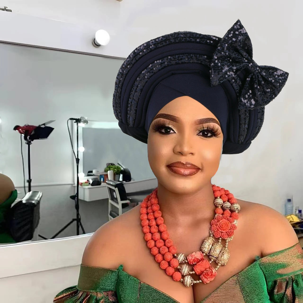 Sweet Bowknot Auto Gele Headtie for Women African Head Wraps Lady Party Headpiece Female Sequins Turban Cap