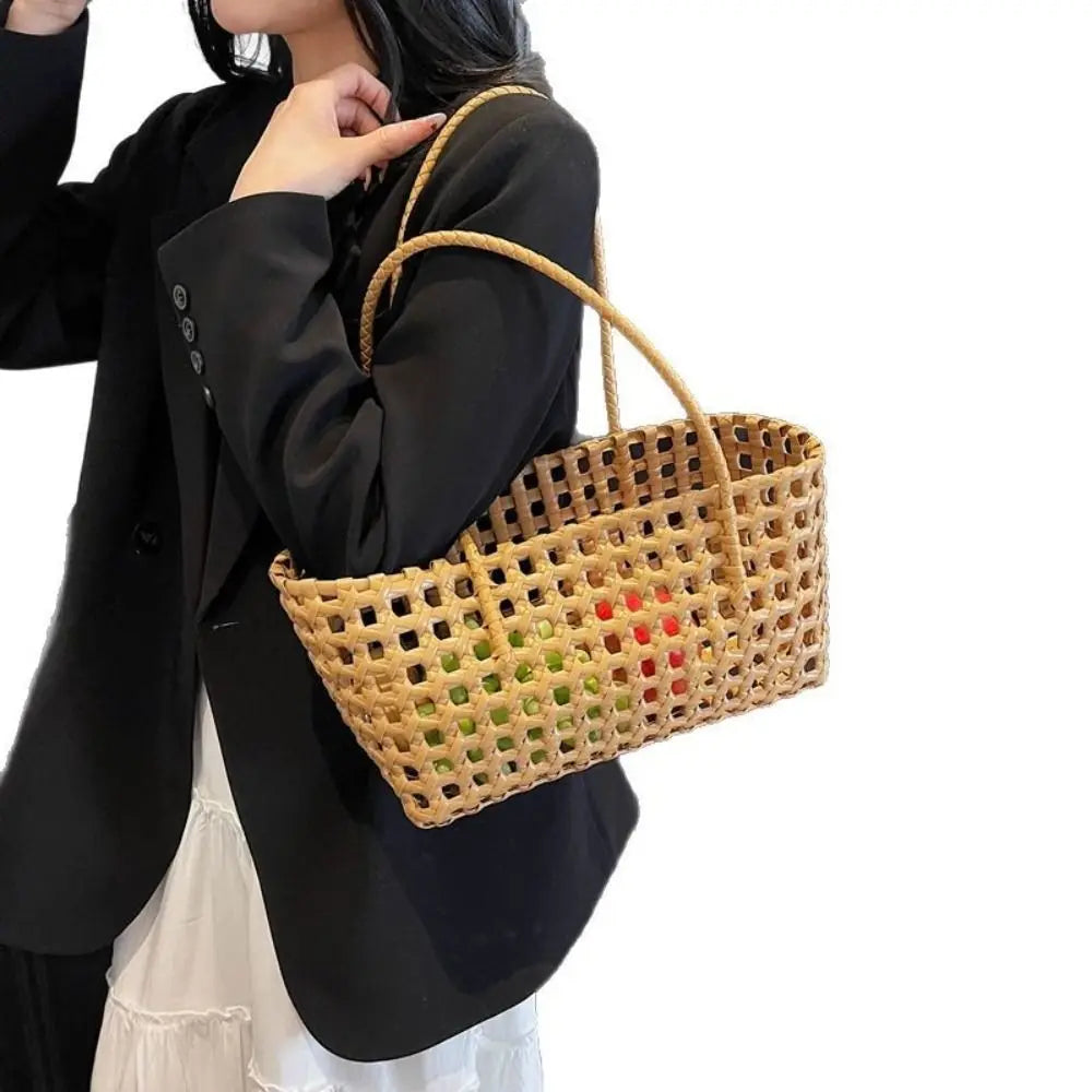 Simple Woven Women's Shoulder Bag Solid Color Large Capacity Tote Bag Hollow Handbag