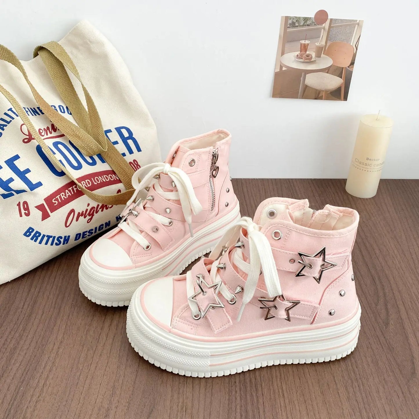 Y2K Pink High-top Canvas Shoes for Women Design Rivet Buckle Lace-up Platform Women's Summer Sports Shoes Fashion Board-shoe