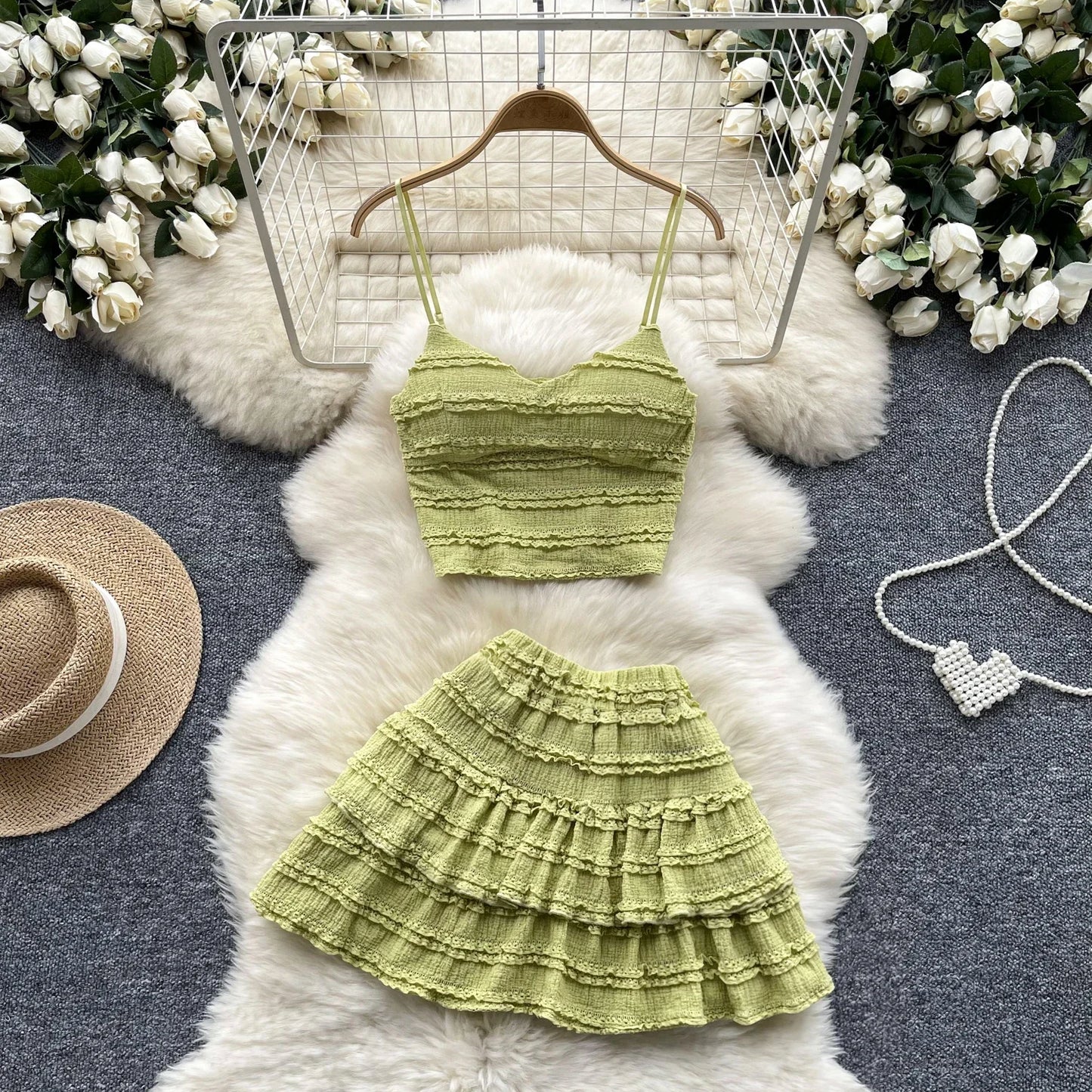 Sexy Two Pieces Sets Forwomen Chic Sexy Short Straps Tank Top with High Waist Mini Skirt Suit Summer Sweet Pleated Skirt