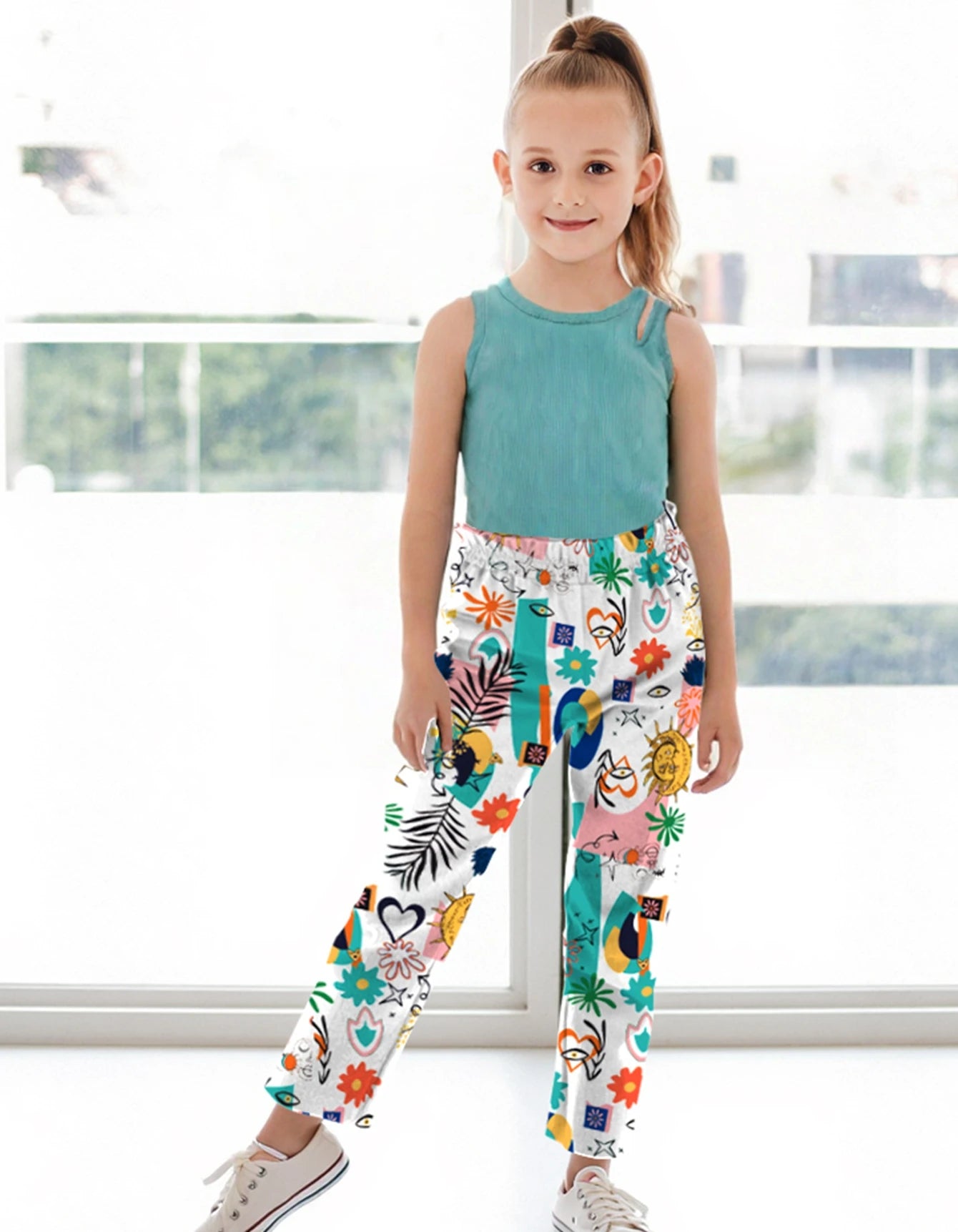Teen Girls Summer Clothes Set Fashion Ribbed Top & Tropical Wide Leg Pants 2PCS Kids Streetwear Outfits for Party 5-14 Y