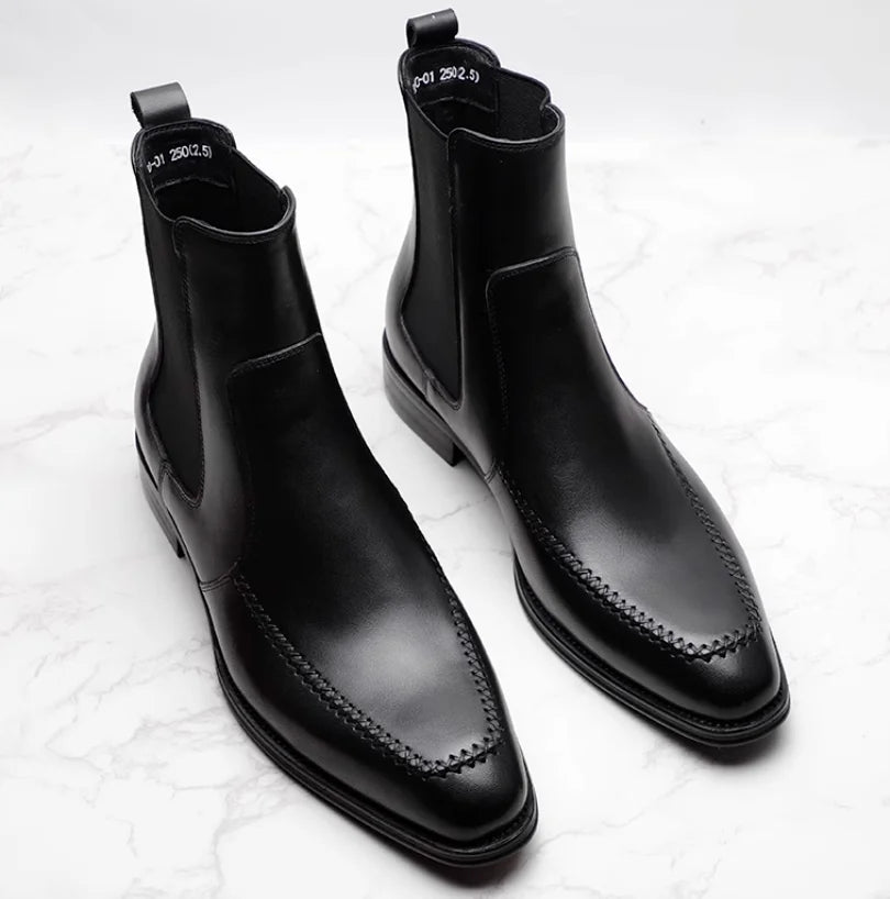 New men's Chelsea boots, youth British pointed leather shoes, vintage sleeve cowhide men's short boots.