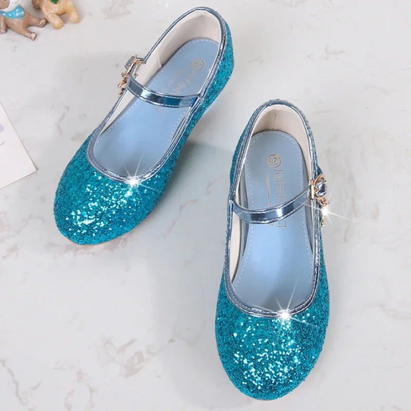 Classic Children High Heels Leather Shoes Fashion Sequins Elegant Kids Girls Wedding Shoes Princess Party Dress Single Shoes