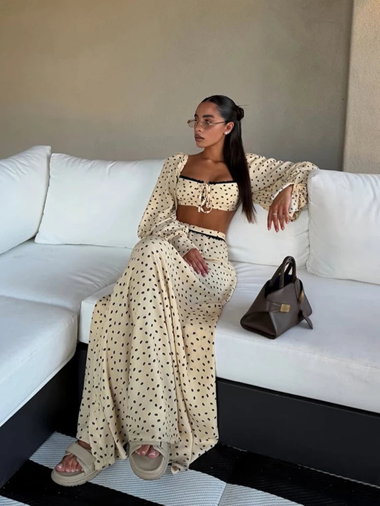 Fashion Women's Polka Dot Long Skirt Set Square Neck Lantern Sleeve Lace Crop Top High Waist A-line Skirts 2026 Summer Lady Suit