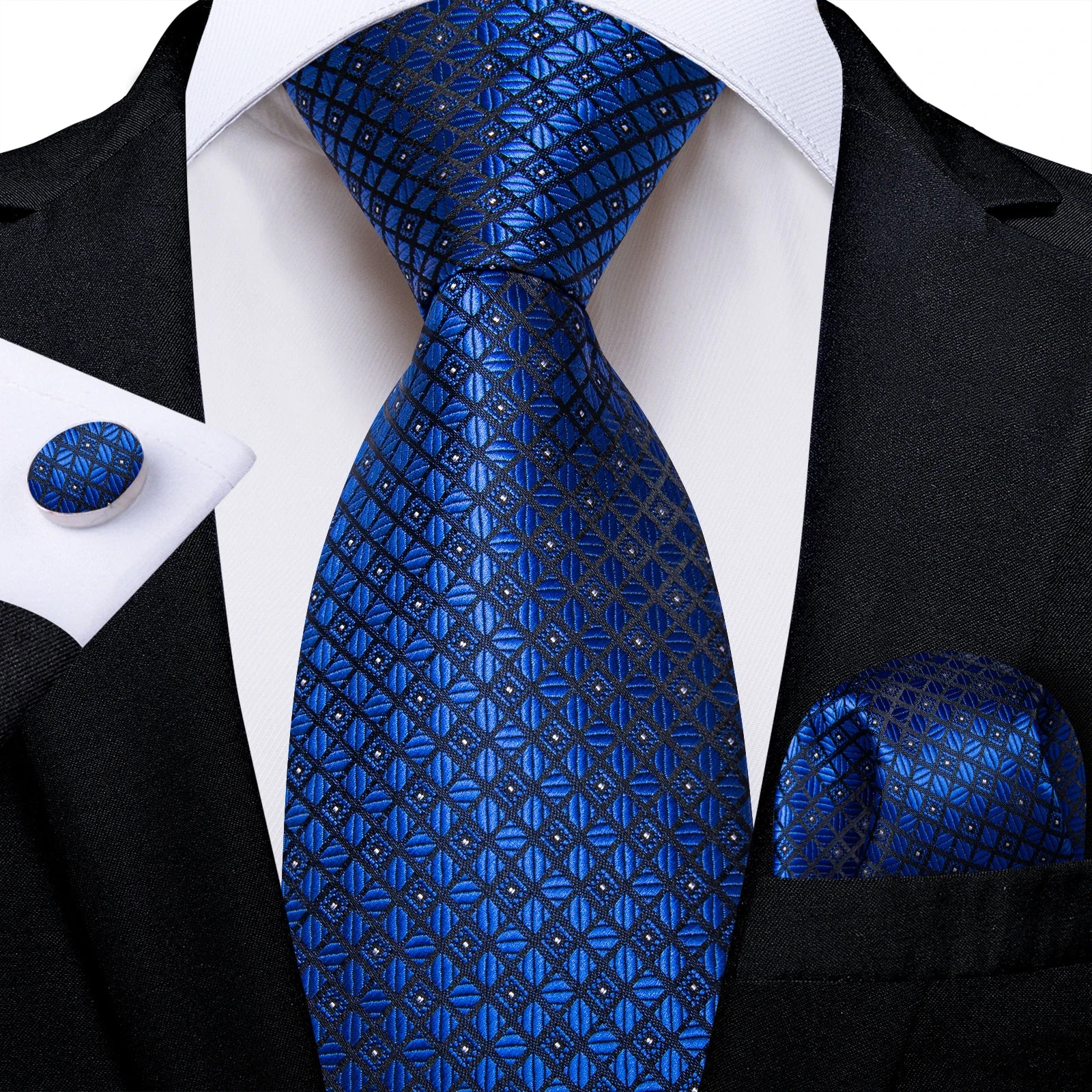 Royal Blue Paisley Plaid Striped Men tie Set with Handkerchief Cufflinks Wedding Prom Groom Accessories Perfect Gift for Men BAZAARHUBO